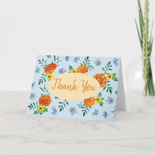 Carte De Remerciements Aquarelle orange Marigold Fleurs bleu clair (Devant)
