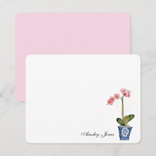 Carte De Remerciements Aquarelle Orchidée rose en pot bleu (Devant / Derrière)