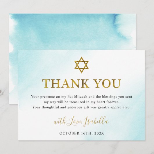 Carte De Remerciements Aquarelle Pastel Blue Gold Bat mitzvah (Devant / Derrière)
