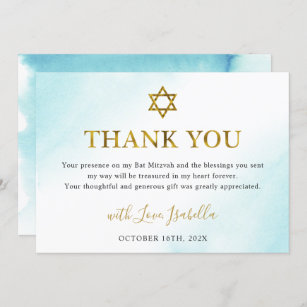 Carte De Remerciements Aquarelle Pastel Blue Gold Bat mitzvah