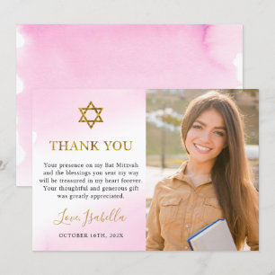 Carte De Remerciements Aquarelle Pastel Pink Gold Photo Bat mitzvah