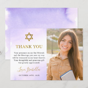 Carte De Remerciements Aquarelle Pastel Purple Gold Bat mitzvah Photo