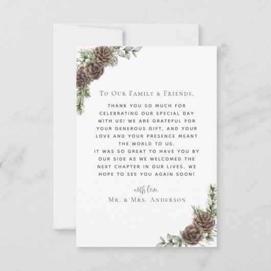 Carte De Remerciements Aquarelle Pine Cône Elégant Mariage d'hiver Photo (Dos)