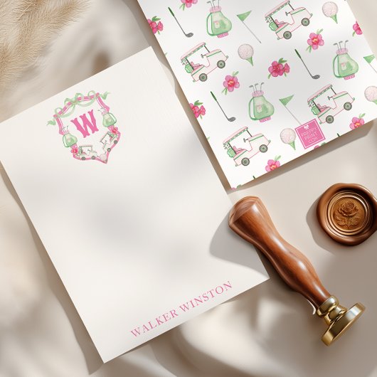 Carte De Remerciements Aquarelle Pink & Green Golf Panier Monogram Crest