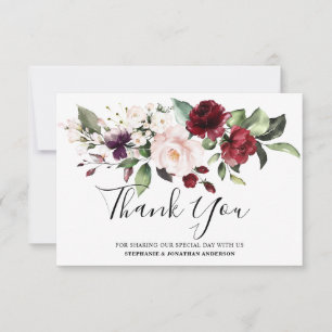 Carte De Remerciements Aquarelle romantique Bourgogne Rouge Blush Rose Fl