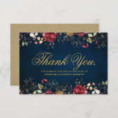 Carte De Remerciements Aquarelle romantique Bourgogne Rouge Marine or Flo (Devant / Derrière)