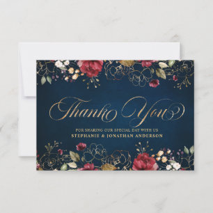 Carte De Remerciements Aquarelle romantique Bourgogne Rouge Marine or Flo