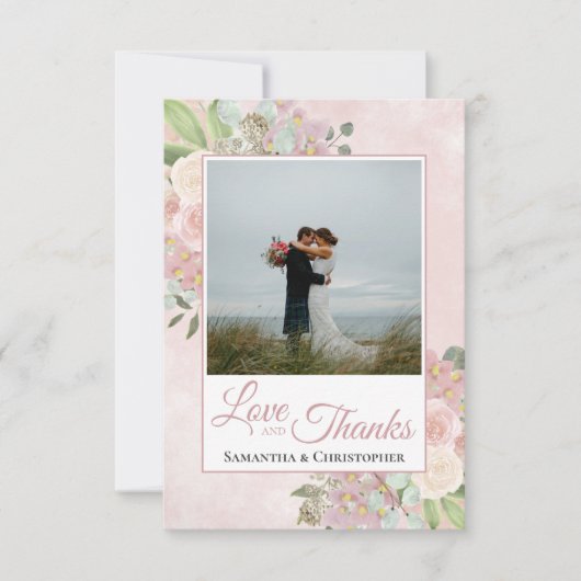 Carte De Remerciements Aquarelle rose Boho Floral Photo & Note Mariage (Devant)