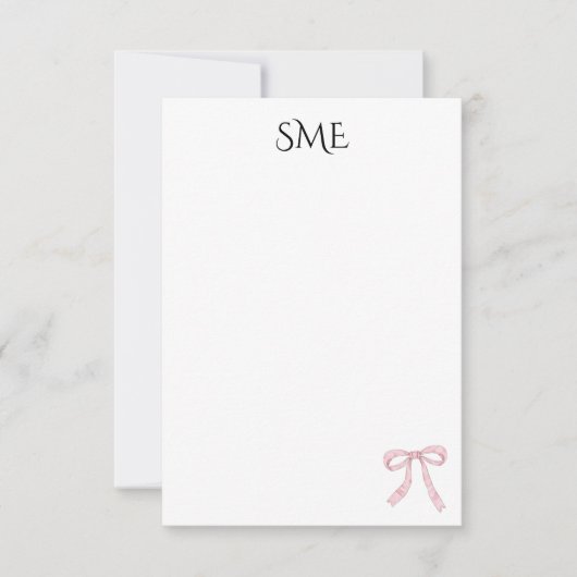 Carte De Remerciements Aquarelle rose Bow Monogram (Devant)