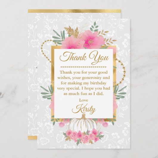 Carte De Remerciements Aquarelle rose Citrouille Fleurs or Foil doux 16 (Devant / Derrière)