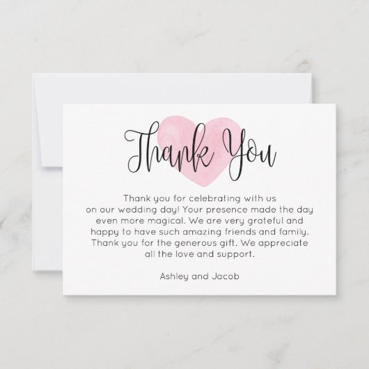 Carte De Remerciements Aquarelle rose coeur rousse. Mariage de script mod (Devant)