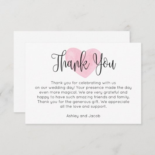 Carte De Remerciements Aquarelle rose coeur rousse. Mariage de script mod (Devant / Derrière)