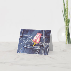 Carte De Remerciements Aquarelle rose et bleue de denim florale