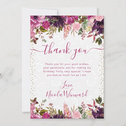 Carte De Remerciements Aquarelle rose et violet Fleurs Anniversaire (Devant)