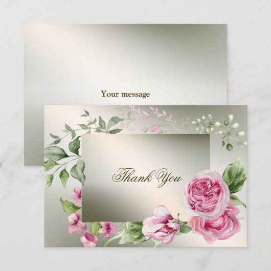 Carte De Remerciements Aquarelle rose Floral Frame Bronze brillant (Devant / Derrière)