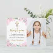 Carte De Remerciements Aquarelle rose Floral Première Sainte Communion Ph (Debout devant)