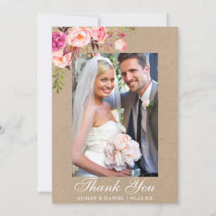 Carte De Remerciements Aquarelle rose Kraft Mariage photo