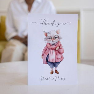 Carte De Remerciements Aquarelle rose mignonne Vieux Granny Chat