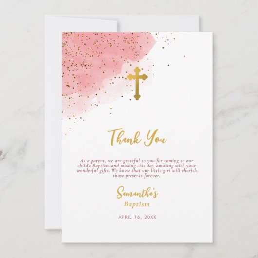 Carte De Remerciements Aquarelle rose Parties scintillant Gold Cross Bapt (Devant)
