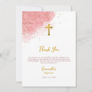 Carte De Remerciements Aquarelle rose Parties scintillant Gold Cross Bapt