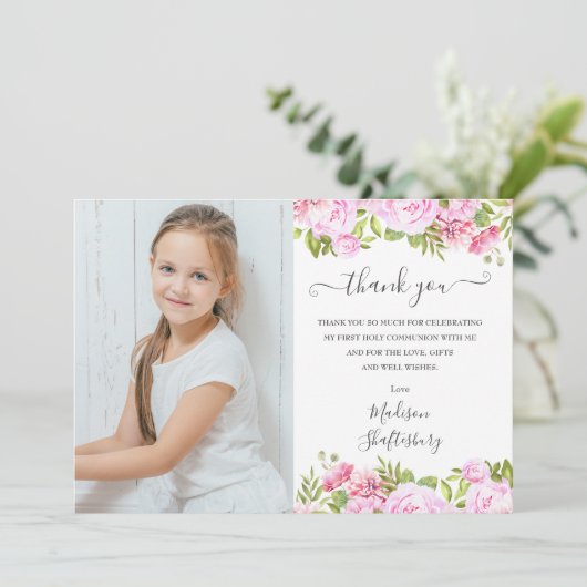 Carte De Remerciements Aquarelle rose Première Sainte Communion Photo (Debout devant)