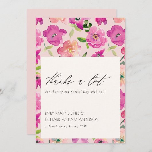 Carte De Remerciements Aquarelle rose vif rétro Mariage floral (Devant / Derrière)