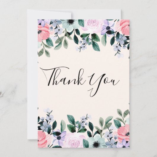 Carte De Remerciements Aquarelle rose violet vert à la frontière florale (Devant)