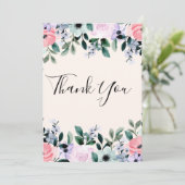 Carte De Remerciements Aquarelle rose violet vert à la frontière florale (Debout devant)