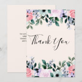 Carte De Remerciements Aquarelle rose violet vert à la frontière florale (Devant / Derrière)