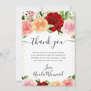 Carte De Remerciements Aquarelle Roses Fleurs Rouges et Orange Anniversai