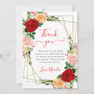 Carte De Remerciements Aquarelle Roses Orange Rouge Cadre Quinceanera