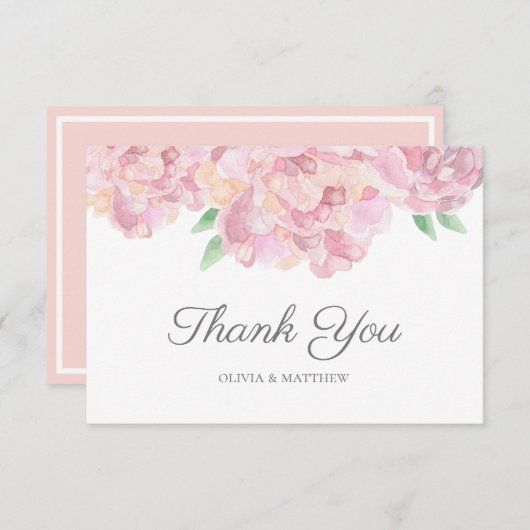 Carte De Remerciements Aquarelle roses pivoines. Mariage fleuri du jardin (Devant / Derrière)
