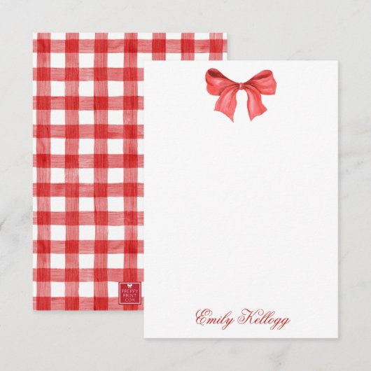 Carte De Remerciements Aquarelle rouge et blanche En vichy Bow (Devant / Derrière)