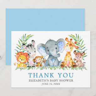 Carte De Remerciements Aquarelle Safari Animaux Baby shower bleu clair