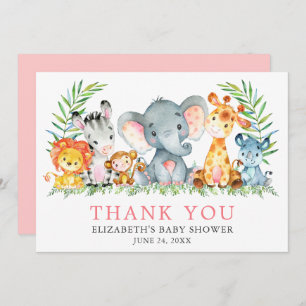 Carte De Remerciements Aquarelle Safari Animaux Baby shower rose