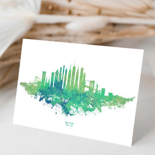 Carte De Remerciements Aquarelle Skyline de New York en bleu et vert