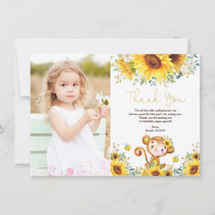 Carte De Remerciements Aquarelle Sunflower Monkey Baby Girl Anniversaire