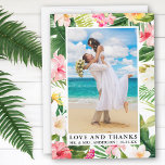 Carte De Remerciements Aquarelle Tropical Floral Love and Thanks<br><div class="desc">Elégante aquarelle Tropical Floral,  Verdure et Palm Feuille Mariée et Groom Amour et Merci Mariage Photo Carte de remerciements</div>