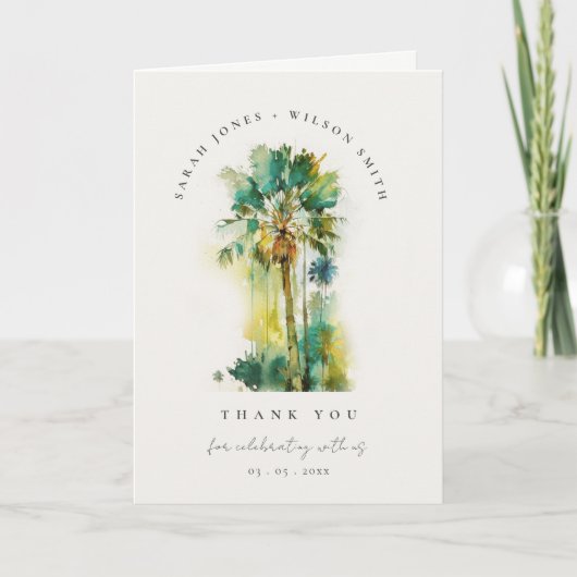 Carte De Remerciements Aquarelle Tropicale Dusky Palm Trees Photo Mariage (Devant)
