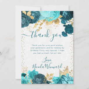 Carte De Remerciements Aquarelle Turquoise et Fleurs d'or Anniversaire