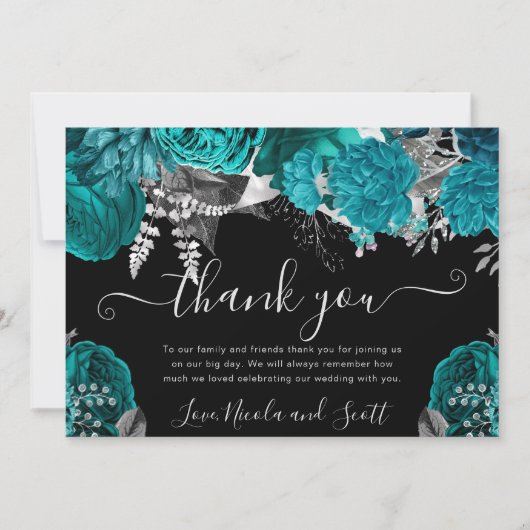 Carte De Remerciements Aquarelle Turquoise et Mariage Rose argenté (Devant)
