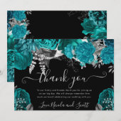 Carte De Remerciements Aquarelle Turquoise et Mariage Rose argenté (Devant / Derrière)