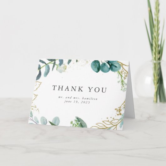 Carte De Remerciements Aquarelle turquoise Mariage de verdure botanique (Devant)