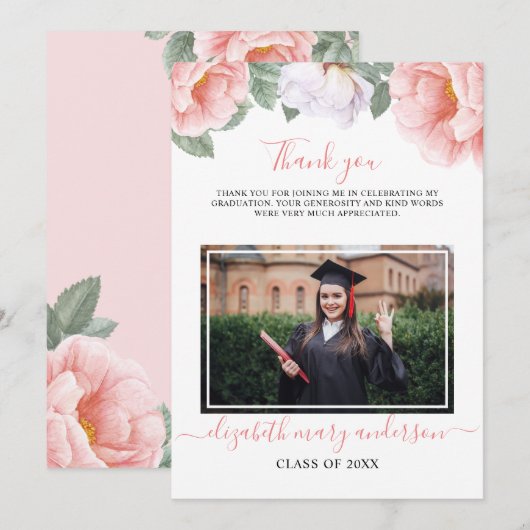 Carte De Remerciements Aquarelle végétale rose (Devant / Derrière)