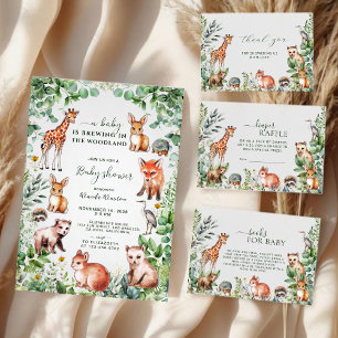 Carte De Remerciements Aquarelle Verdure Bois Baby shower Animaux
