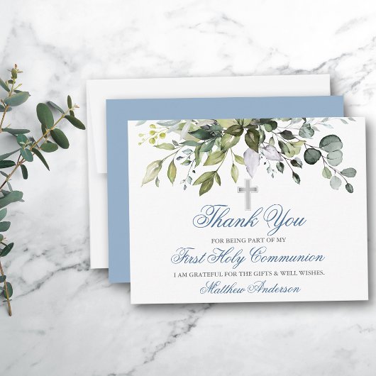 Carte De Remerciements Aquarelle Verdure Dusty Blue Communion