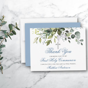 Carte De Remerciements Aquarelle Verdure Dusty Blue Communion