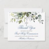 Carte De Remerciements Aquarelle Verdure Dusty Blue Communion (Devant)