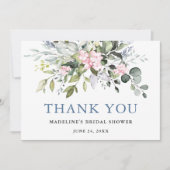 Carte De Remerciements Aquarelle Verdure rose Dusty Fête des mariées bleu (Devant)