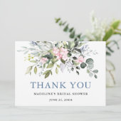 Carte De Remerciements Aquarelle Verdure rose Dusty Fête des mariées bleu (Debout devant)